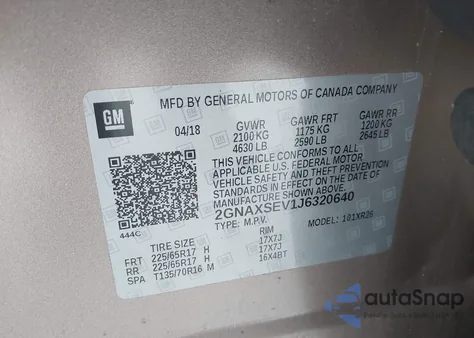 2018 Chevrolet Equinox Lt z USA, uszkodzony, nr VIN 2GNAXSEV1J6320640